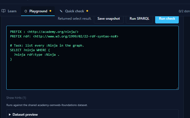 A lesson playground running a SPARQL SELECT query and returning result rows in the browser.